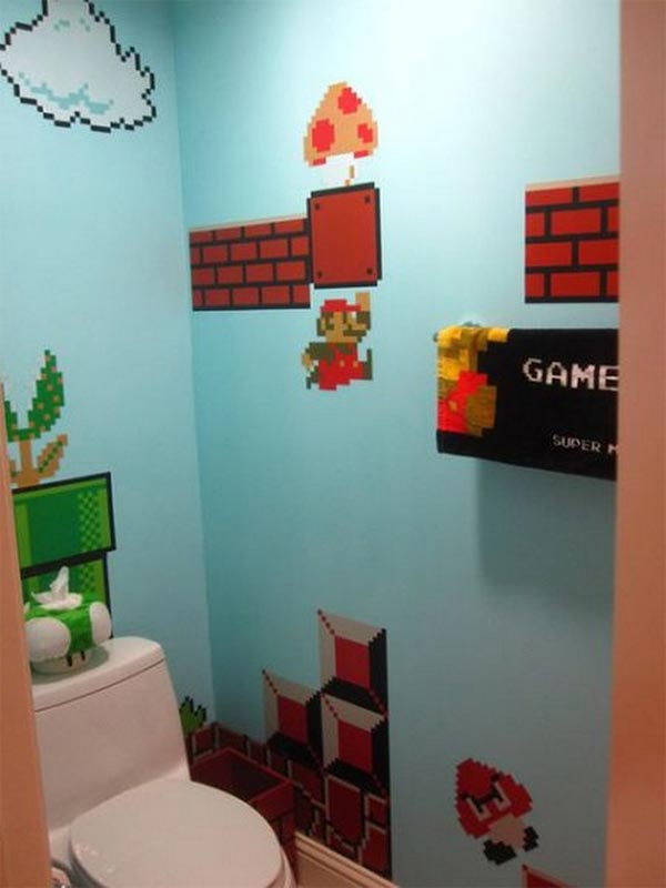 Side view of toilet walls with Super Mario theme