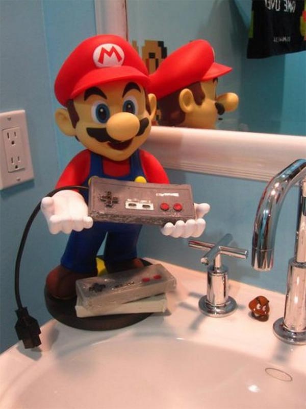 Super Mario holding soap on sink