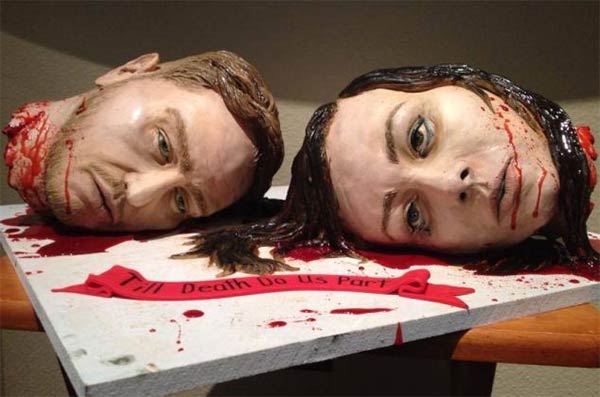 Couple create gruesome wedding cake made of their own bloody severed heads
