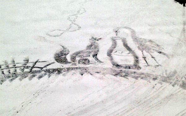 School Groundskeeper Creates Snow Art with Broom