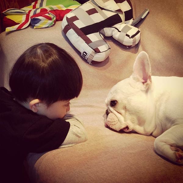 Japanese Boy and His Bulldog Friend