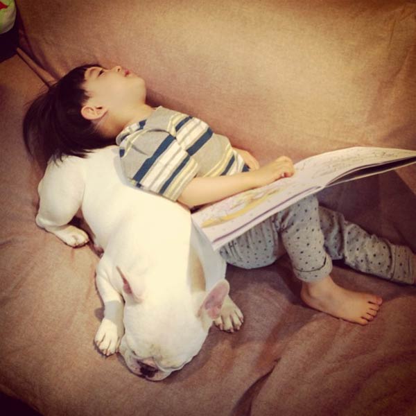 Japanese Boy and His Bulldog Friend