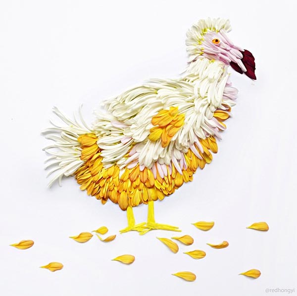 Red Hong Yi's Playful Exotic Birds Made of Flower Petals