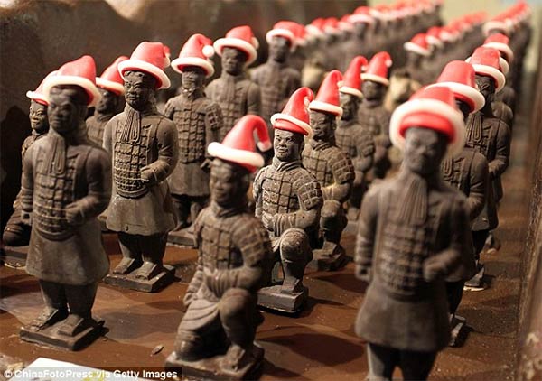 Terracotta Army Wearing Santa Hats Created Entirely Out of Chocolate