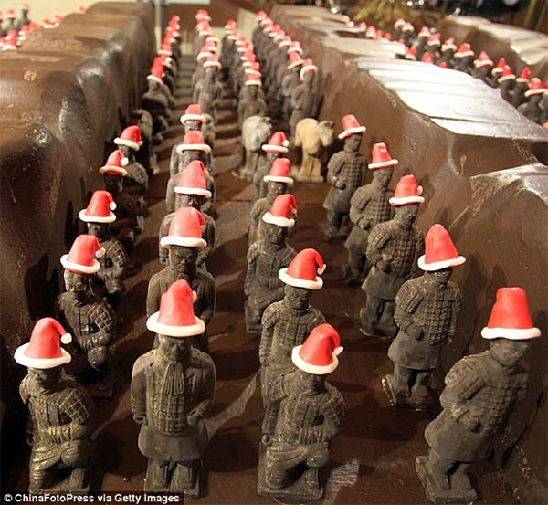 Terracotta Army Wearing Santa Hats Created Entirely Out of Chocolate