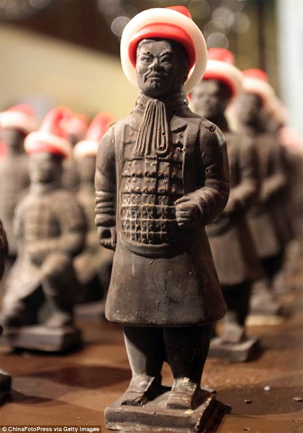 Terracotta Army Wearing Santa Hats Created Entirely Out of Chocolate