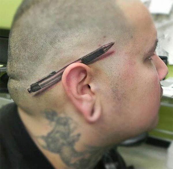 Hyper Realistic Pen Behind Ear Tattoo