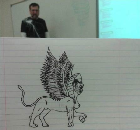 Bored student spends class drawing silly pics of his professor in absurd situations