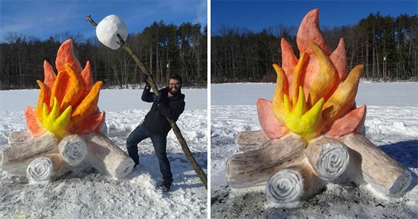 Artist Makes Giant Fire and Marshmallow Out of Snow