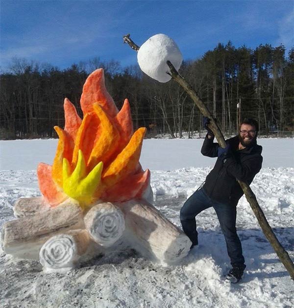 Artist Makes Giant Fire and Marshmallow Out of Snow