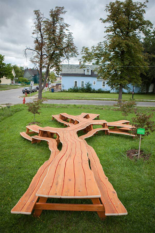 Wooden Picnic Tables Turned Into Creative Functional Sculptures