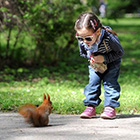 Cute Child Looks At Squirrel with Curiosity