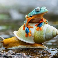 Lazy Frog Enjoys Life On The Back Of A Snail